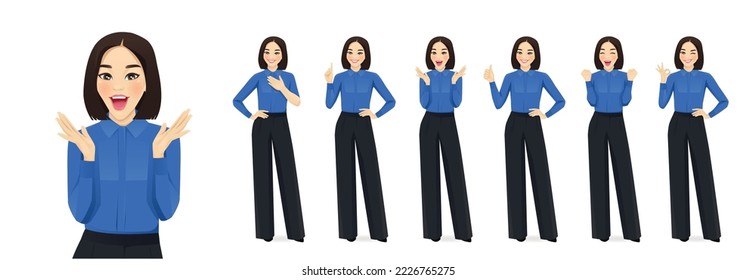 Business asian woman showing positive emotions with different gestures. Isolated vector illustration set.