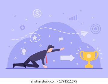 Business aspiration concept. Vector flat businessman is struggling to reach for the cup, which symbolizes profit and business success. Web banner on sites and smartphones. EPS 10.