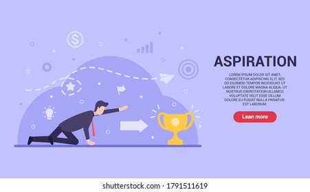 Business aspiration concept. Vector flat businessman is struggling to reach for the cup, which symbolizes profit and business success. Web banner on sites and smartphones. EPS 10.