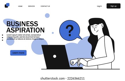 Business aspiration and woman sitting on laptop and ask. Success leadership and progress growth motivation vector illustration concept. Career solution and performance leader to future marketing