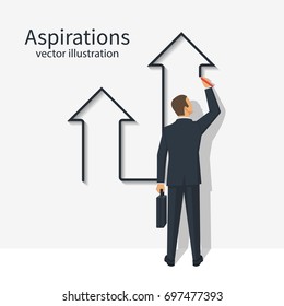 Business aspirations. Success achievement concept. Businessman draws an arrow up. Vector illustration flat design. Isolated on background. Motivation to achieve goal. Way Up.