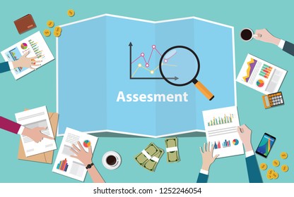business assesment with team working together with maps and magnifying glass vector illustration