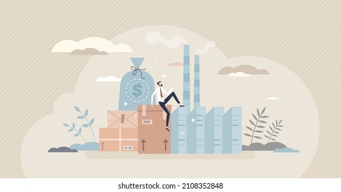 Business assets as company finance resources and capital tiny person concept. Successful money, real estate and inventory accumulation management vector illustration. Earnings and fixed asset value.