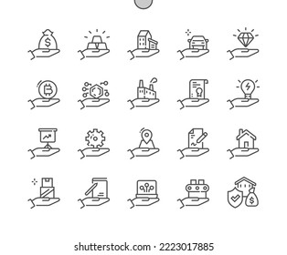 Business assets types. Finance and management. Gold, cryptocurrency, property, software, buildings and other. Pixel Perfect Vector Thin Line Icons. Simple Minimal Pictogram