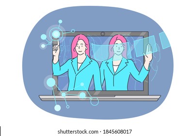 Business, assistance, consultation, artificial intelligence set concept. Virtual businesswoman online assistant advisor professionally consulting. Wireless AI web technology cartoon illustration.