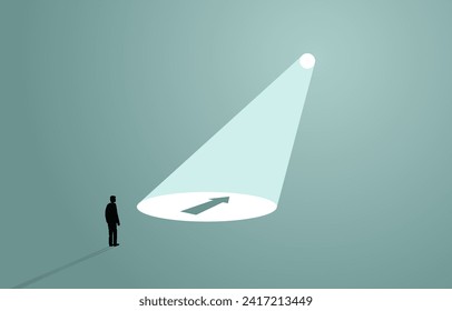 Business assistance, guidance concept, businessman looking at arrow with spotlight shining on it, vector illustration.