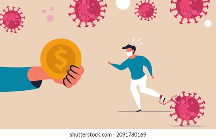 Business assistance and stimulation of the economy with money from the coronavirus. A man chained to a virus runs for financial help from a company. Financial crisis of the economy and collapse.