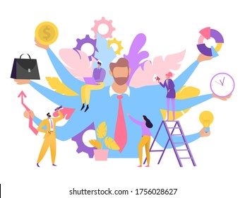 Business assistant in virtual work, computer concept vector illustration. Multitasking person office worker, cartoon character. Busy man with many hands help people, do tasks for company workers.