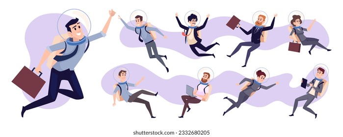 Business astronauts. Space exploring characters flying business persons exact vector characters set