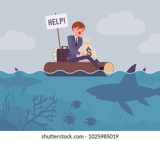 Business attacked by big shark. Young businessman trying to defend his small business and money from aggressive dishonest attacks, asking for help, Vector flat style cartoon illustration