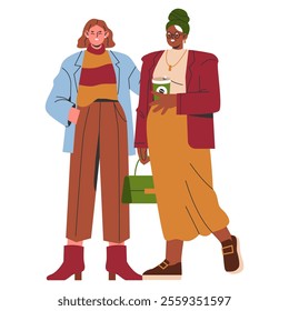 Business attire concept. Two professional women express confidence in stylish workwear. Diversity in the workplace with modern fashion. Vector illustration.