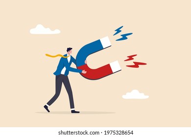 Business Attraction Or Charisma With Power To Draw Or Attract Business Opportunity, Money Or Customers Concept, Businessman Holding High Power Magnet To Attract All Benefits.