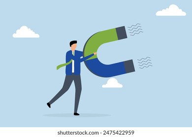 Business attraction with power to attract business opportunity, businessman with a high powered magnet to attract all interests.