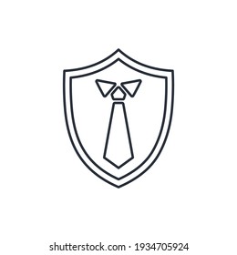 Business attribute a tie of a businessman on a shield. Compliance with the principles. Business ethics as protection of the client and the entrepreneur. Vector linear icon illustration isolated on whi