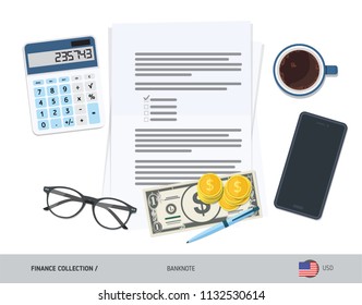 Business attributes with 1 US Dollar Banknote and coins. Flat style vector illustration. Corporate business concept.