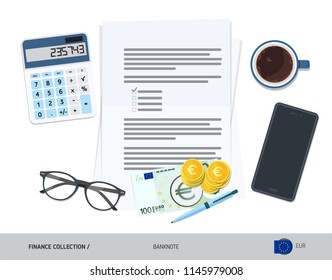 Business attributes with 100 Euro Banknote and coins. Flat style vector illustration. Corporate business concept.