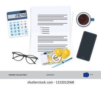 Business attributes with 200 Euro Banknote and coins. Flat style vector illustration. Corporate business concept.