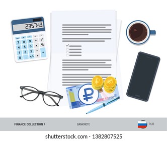Business attributes with 2000 Russian Ruble banknote and coins. Flat style vector illustration. Corporate business concept.