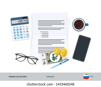 Business attributes with 5 Russian Ruble banknote and coins. Flat style vector illustration. Corporate business concept.