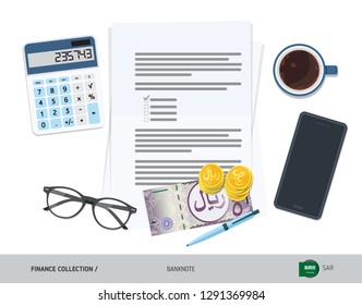 Business attributes with 5 Saudi Arabia Riyal and coins. Flat style vector illustration. Corporate business concept.