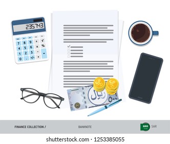 Business attributes with 500 Saudi Arabia Riyal and coins. Flat style vector illustration. Corporate business concept.