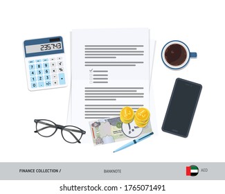 Business attributes with 500 United Arab Emirates Dirham banknote and coins. Flat style vector illustration. Corporate business concept.