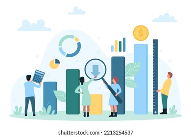 Business audit, analytics and analysis vector illustration. Cartoon tiny people analyze chart growth with magnifying glass, measure and calculate financial data reports with ruler and calculator