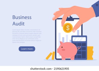 Business audit concept with hand puts coin in piggy bank. Financial management, tax payment, reporting. Business analyst is engaged in paper work. Vector flat illustration, landing page.