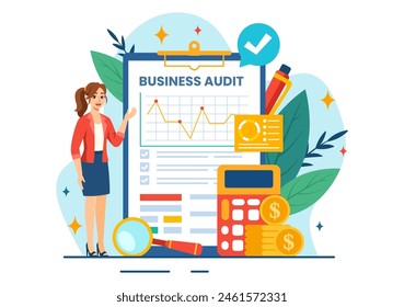 Business Audit Documents Vector Illustration with Charts, Accounting, Calculations and Financial Report Analytics in Flat Cartoon Background