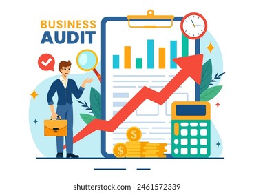 Business Audit Documents Vector Illustration with Charts, Accounting, Calculations and Financial Report Analytics in Flat Cartoon Background