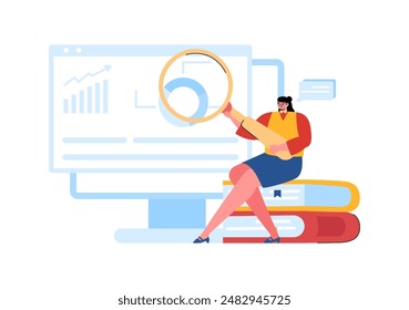 Ilustración vectorial de documentos de auditoría empresarial con gráficos, contabilidad, cálculos y análisis de informes financieros en un fondo plano de dibujos animados