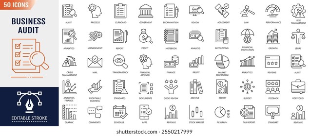 Business Audit Editável Traço Linha Ícone definido. Contém o ícone Contabilidade, Verificação e auditoria. Ilustração de vetor