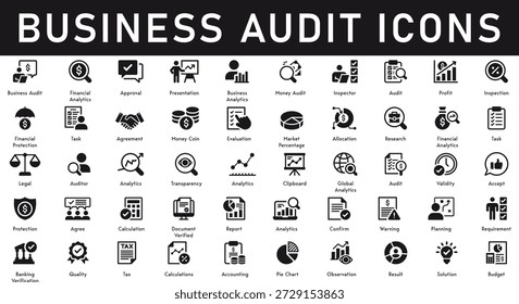 Auditoría de negocios y finanzas conjunto de iconos sólidos características Informe de contabilidad de conformidad Revisión de presupuesto Análisis de monitoreo de inversión Símbolos de revisión financiera Profesional colección mínima de Vectores