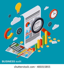 Business audit, financial analytics, statistics flat isometric vector concept. Modern web infographic illustration