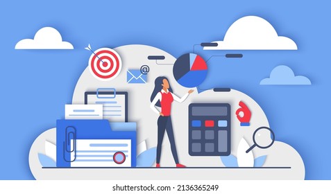 Business audit and financial research. Auditor doing systematic control of expenses, estimate of budget, corporate documents, accounting process flat vector illustration. Finance, calculation concept