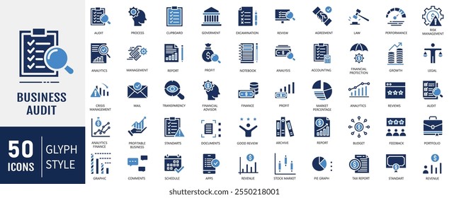 Business Audit-Flachsymbolsatz. Enthaltend Buchhaltung, Überprüfung und Audit-Symbol. Vektorgrafik