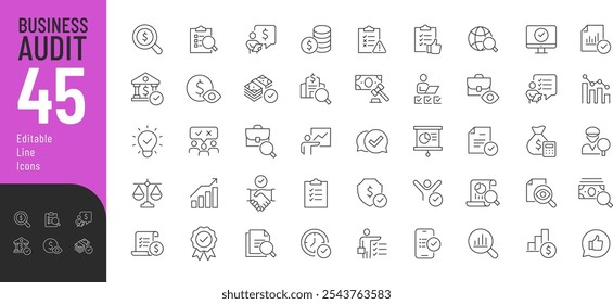 Conjunto de ícones editáveis da linha de auditoria comercial. Ilustração vetorial em estilo de linha fina moderna de ícones relacionados a negócios: inspeção, controle, finanças e muito mais. Pictogramas e infográficos para aplicativos móveis