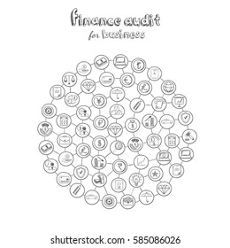 Business audit round composition with financial elements and icons in hand drawn style isolated vector illustration