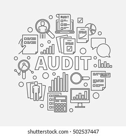 Ilustración de la ronda de auditoría empresarial. Símbolo de línea delgada de análisis financiero de vectores hecho con la palabra AUDIT e iconos de negocios