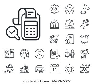 Business audit sign. Salaryman, gender equality and alert bell outline icons. Bill Accounting line icon. Check finance symbol. Bill accounting line sign. Spy or profile placeholder icon. Vector