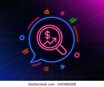 Business Audit or Statistics line icon. Neon laser lights. Analytics with charts symbol. Search Magnifier sign. Glow laser speech bubble. Neon lights chat bubble. Vector