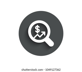 Business Audit or Statistics simple icon. Analytics with charts symbol. Search Magnifier sign. Circle flat button with shadow. Vector