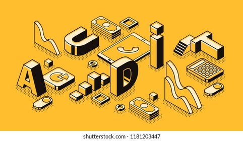 Business audit vector illustration in letters design and isometric black thin line on yellow halftone background. Company finance statistics and tax accounting documents examination service