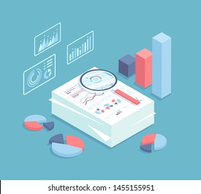 Business auditing, analysis, accounting, calculation, analytics. Piles of documents for review. Documents with charts and graphs with magnifying glass. Financial report. Isometric vector illustration.