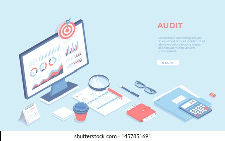 Business auditing, analysis, accounting, calculation, analytics. Monitor with charts graphs, documents, wallet, calculator, magnifying glass. Workplace Workspace Desktop. Isometric 3d illustration.