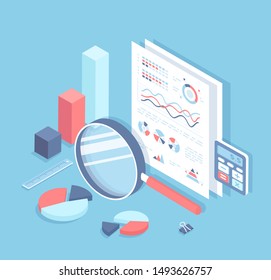 Business auditing, analysis, accounting, calculation, analytics. Documents with charts and graphs for review. Documentation, magnifying glass, calculator. Financial report. Isometric 3d 