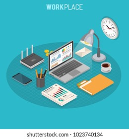 Business Auditing Workplace Isometric Concept with laptop, charts, router and smartphone isometric icons. Vector illustration