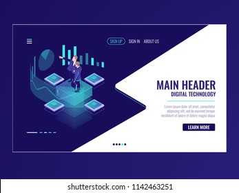 Business automated analytic system isometric icon, businessman hold a meeting, strategy formulation, chart analysis and trading, virtual graphics vector neon dark Business automated analytic system isometric icon, businessman hold a meeting, strategy formulation, chart analysis and trading, virtual graphics vector neon dark