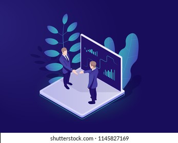 Business automated analytic system isometric icon, businessman holds a meeting, strategy formulation, chart analysis and trading, virtual graphics vector neon dark