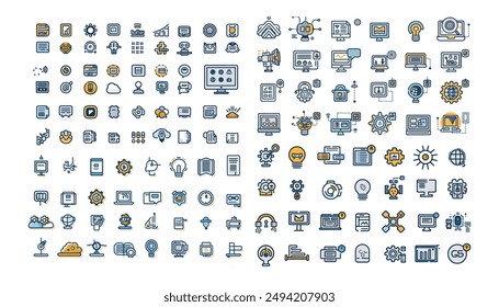 Business automation 50 icon set .With Concepts like Machine learning line icons.Robotics,iot, biometric,device,chip,robot,cloud computing and automation icon.Vector illustration,Simple line vector.